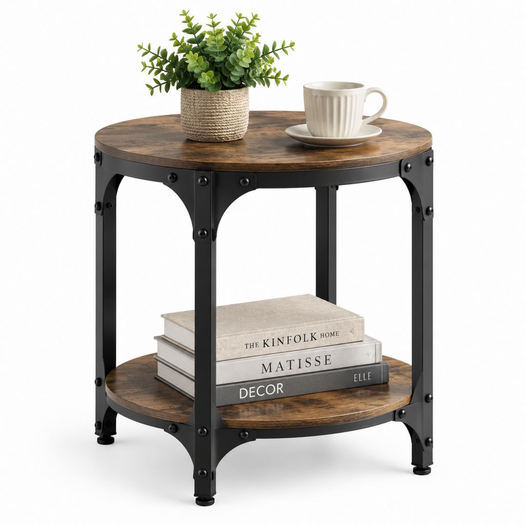 Tavolino da caffè rotondo marrone e nero in MDF impiallacciato e acciaio 60 x 60 x 55 cm
