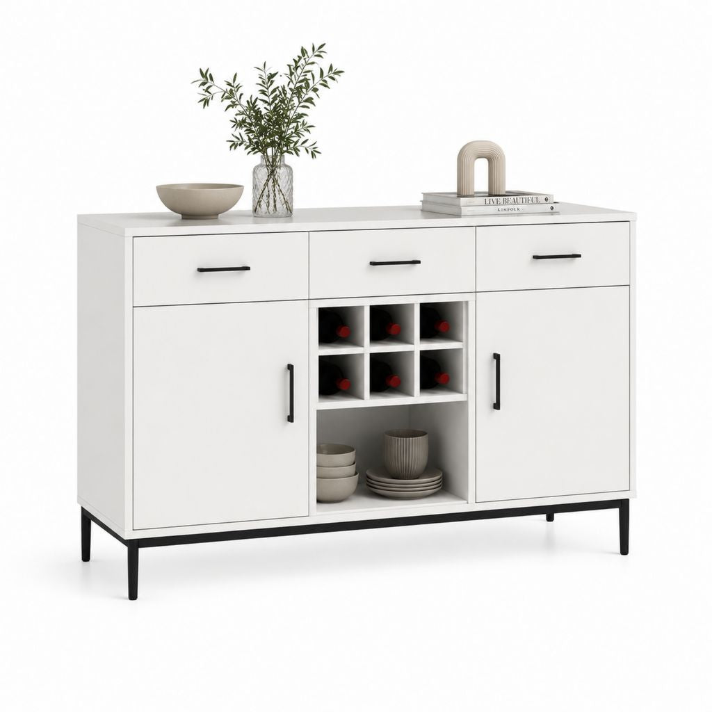 Credenza cucina bianca in pannello truciolare con 3 cassetti portabottiglie 120 x 40 x 90 cm
