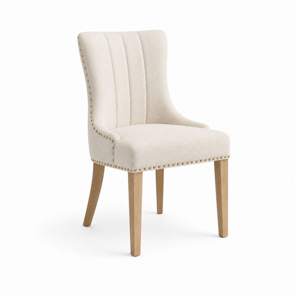 Sedia da pranzo imbottita crema in poliestere con schienale curvo e gambe in faggio 52 x 65 x 102 cm