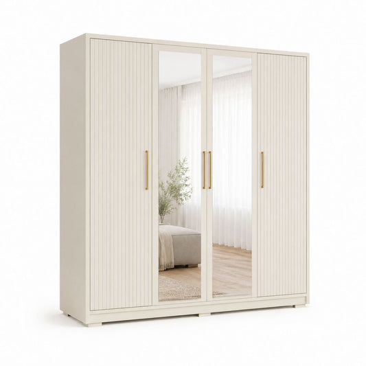 Armadio guardaroba 4 ante battenti avorio in pannelli truciolari nobilitati con specchi 200 x 60 x 220 cm