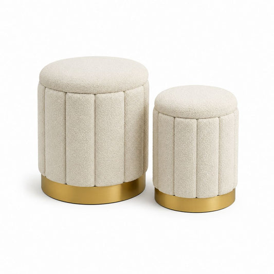Set di 2 pouf poggiapiedi cilindrici avorio in poliestere con base in acciaio dorato 40 x 45 cm e 30 x 38 cm