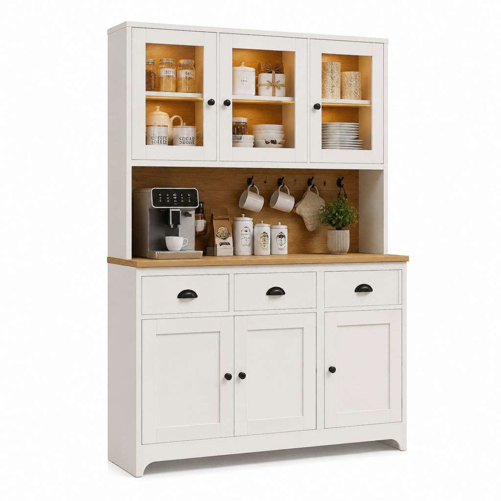 Credenza da cucina con vetrina bianca e rovere in MDF 120 x 40 x 190 cm