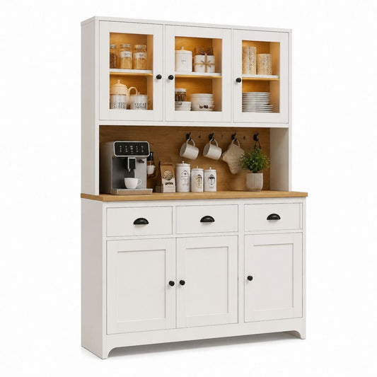 Credenza da cucina con vetrina bianca e rovere in MDF 120 x 40 x 190 cm