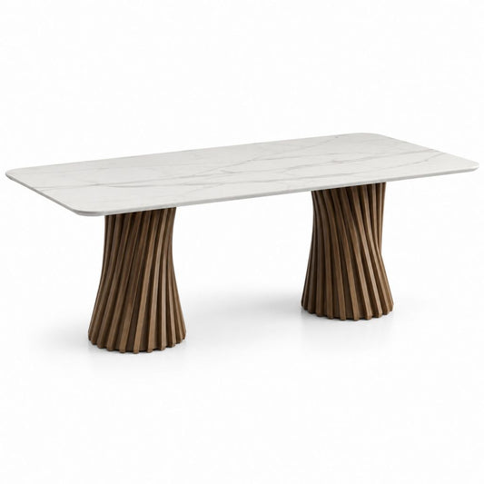 Tavolo da pranzo rettangolare bianco effetto marmo con basi noce in MDF 180 x 90 x 75 cm