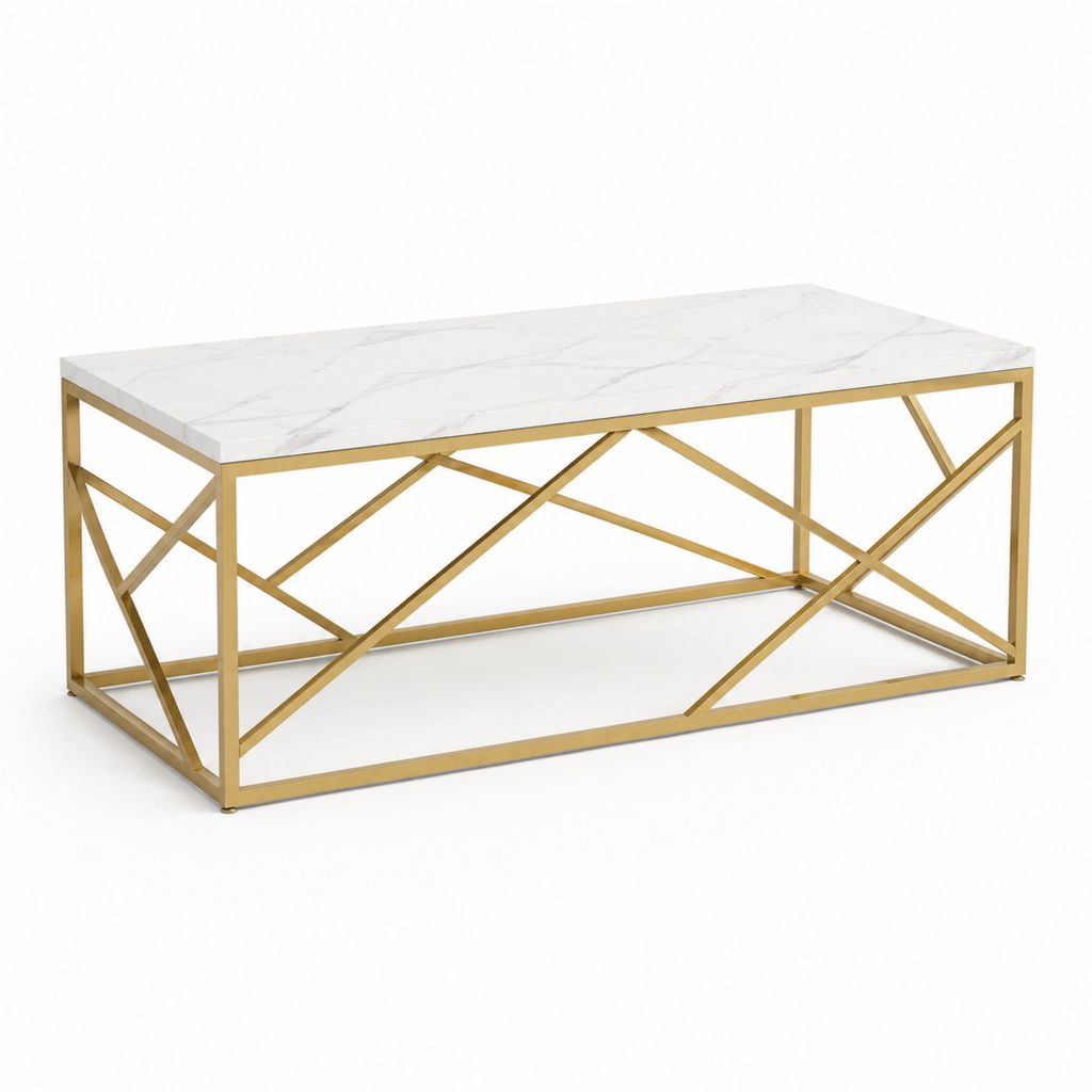 Tavolino da caffè rettangolare bianco e oro in MDF e acciaio inox 120 x 60 x 45 cm