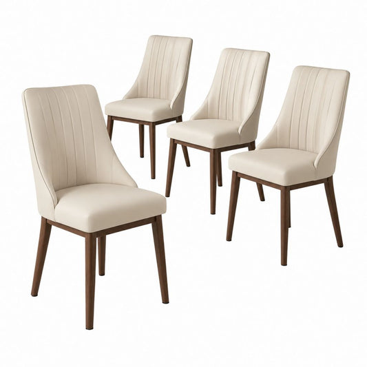 Set 4 sedie da pranzo beige in pelle sintetica PU con gambe in legno massello e schienale alto sagomato 46 x 60 x 98 cm