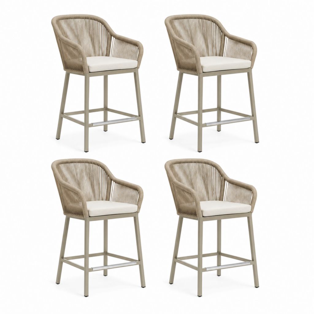 Set di 4 sgabelli da giardino con braccioli beige in alluminio e corda PE 56 x 60 x 106 cm
