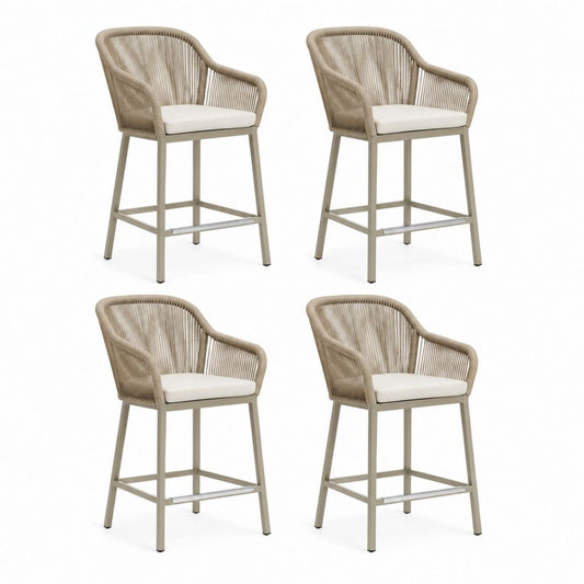 Set di 4 sgabelli da giardino con braccioli beige in alluminio e corda PE 56 x 60 x 106 cm