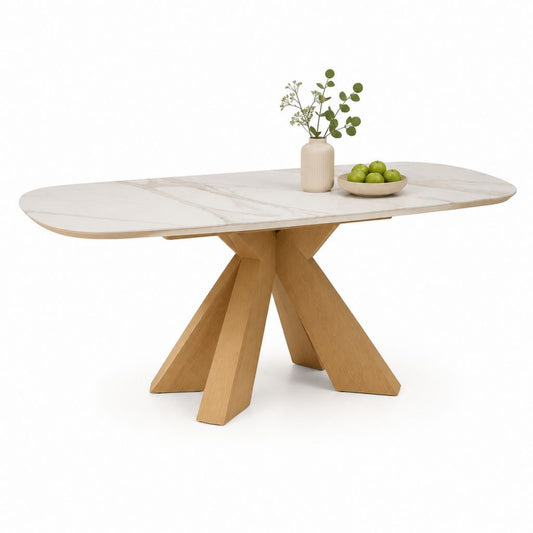 Tavolo da pranzo ovale bianco effetto marmo con base in rovere 180 x 90 x 75 cm