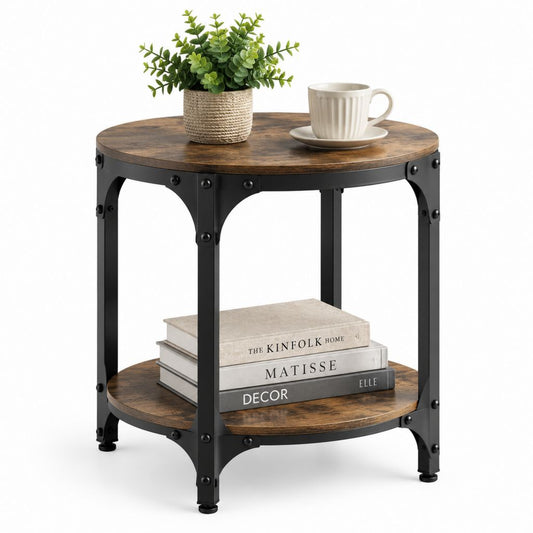 Tavolino da caffè rotondo marrone e nero in MDF impiallacciato e acciaio 60 x 60 x 55 cm