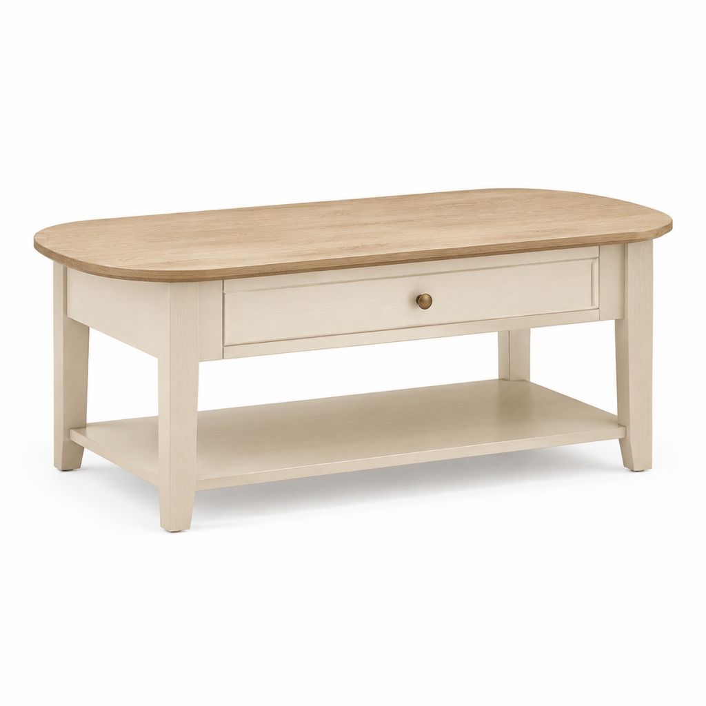 Tavolino da caffè ovale beige e rovere in MDF 110 x 60 x 45 cm con cassetto e ripiano