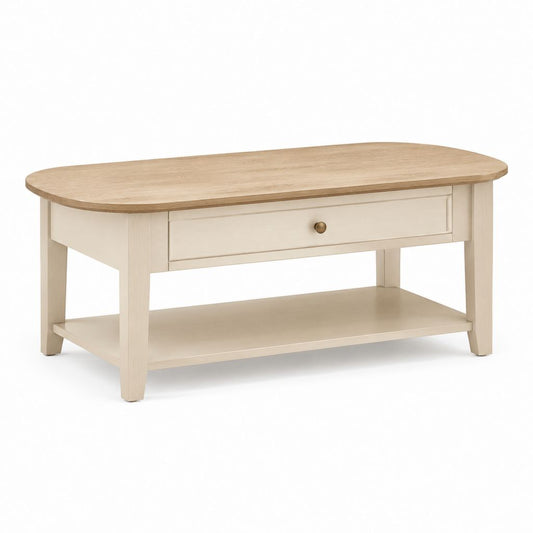 Tavolino da caffè ovale beige e rovere in MDF 110 x 60 x 45 cm con cassetto e ripiano