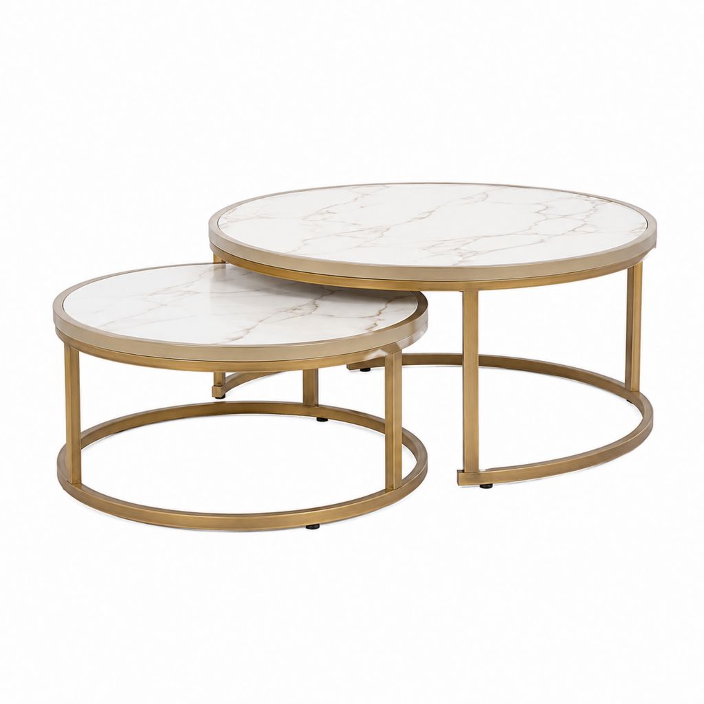 Set 2 tavolini da caffè rotondi bianchi effetto marmo in vetro temperato e acciaio dorato Ø80 cm e Ø60 cm