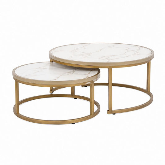 Set 2 tavolini da caffè rotondi bianchi effetto marmo in vetro temperato e acciaio dorato Ø80 cm e Ø60 cm