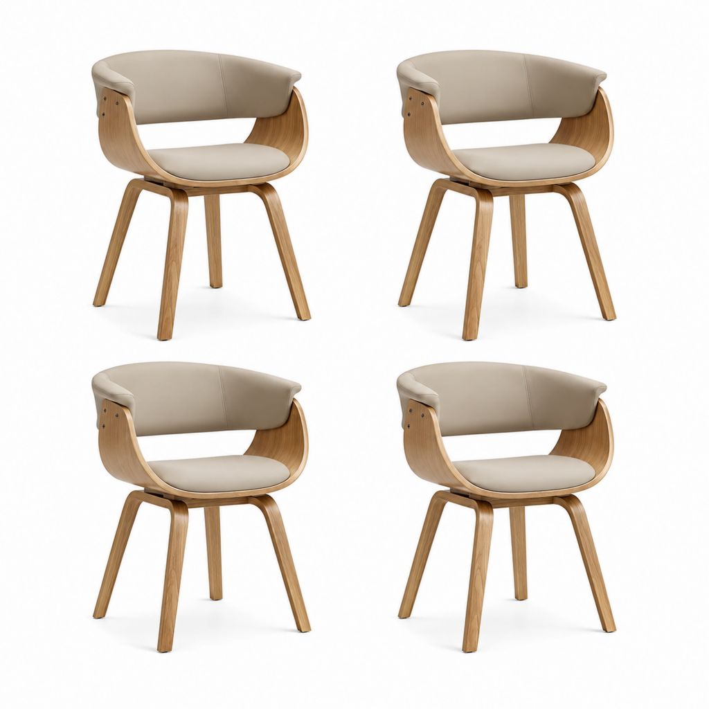 Set di 4 Sedie da Pranzo con Braccioli Sagomate Beige in PU e Multistrato di Rovere 56 x 58 x 80 cm
