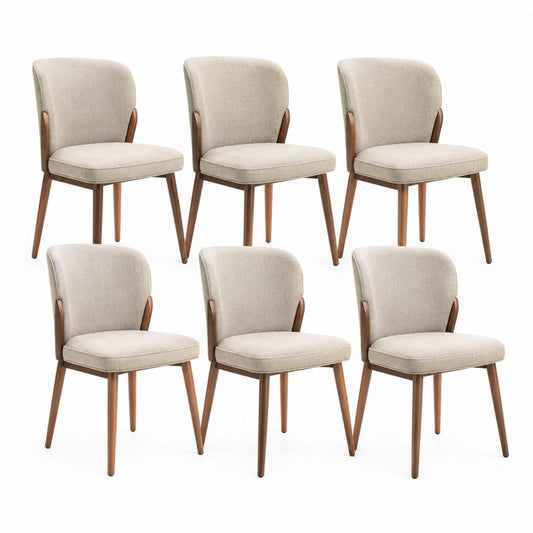 Set 6 sedie da pranzo beige con schienale curvo in poliestere e legno massello 50 x 58 x 82 cm
