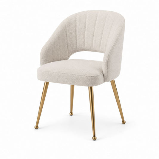 Sedia da pranzo imbottita beige in poliestere bouclé con schienale curvo e gambe in acciaio dorato 58 x 60 x 79 cm