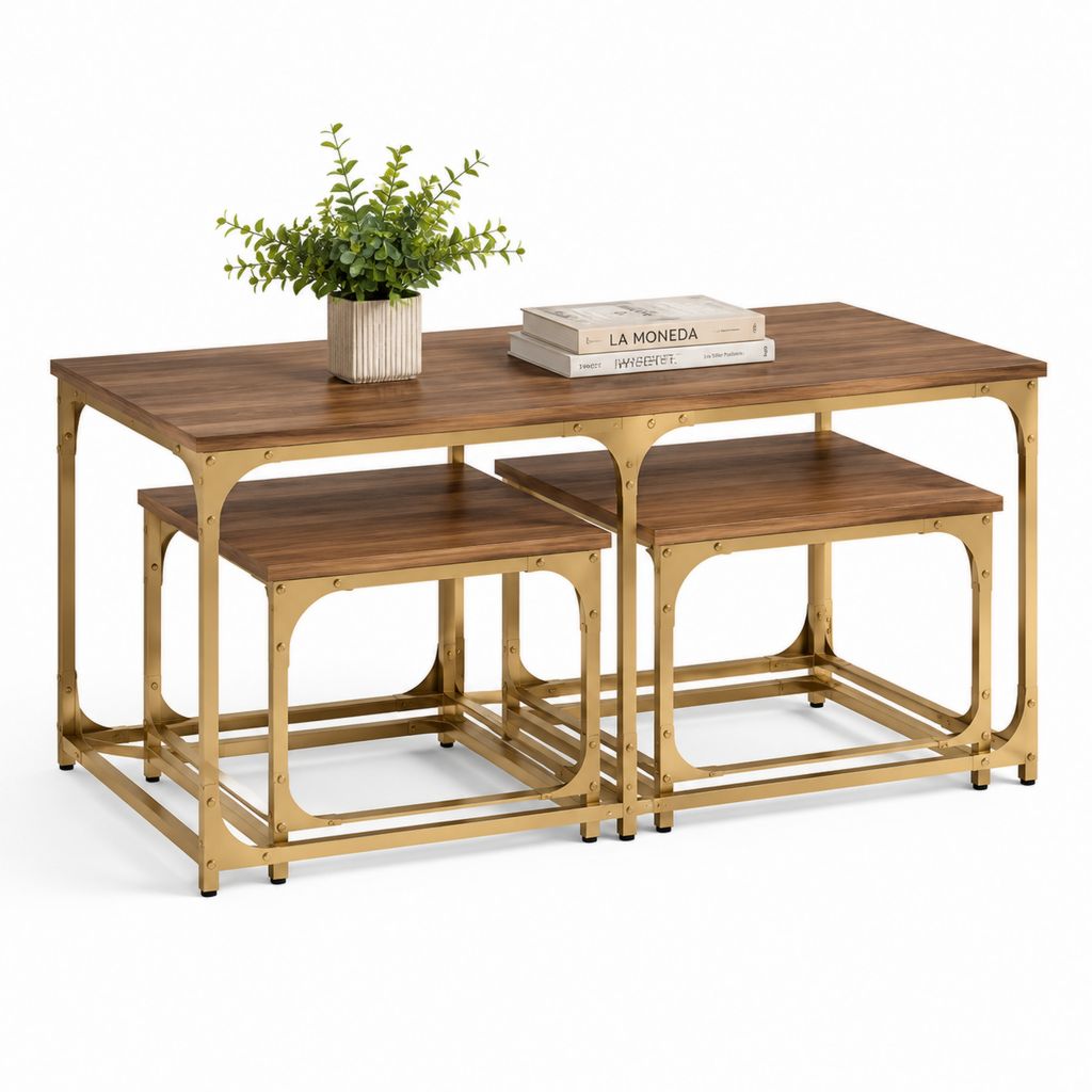 Set di 3 tavolini da caffè marrone noce e oro in MDF e acciaio rettangolari 120 x 60 x 45 cm