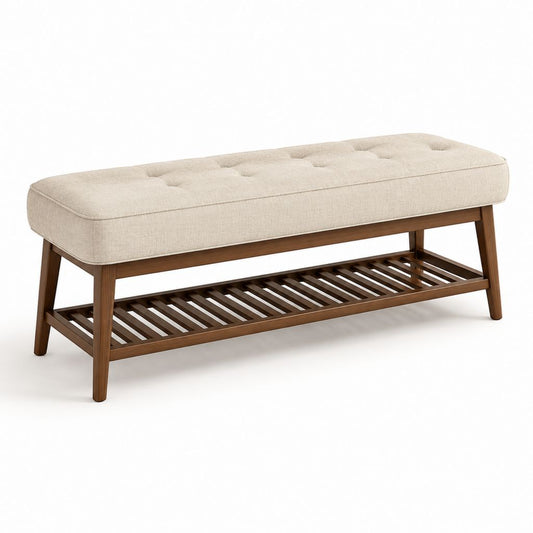 Panca fondoletto imbottita beige in poliestere e legno massello 120 x 40 x 45 cm