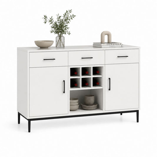 Credenza cucina bianca in pannello truciolare con 3 cassetti portabottiglie 120 x 40 x 90 cm