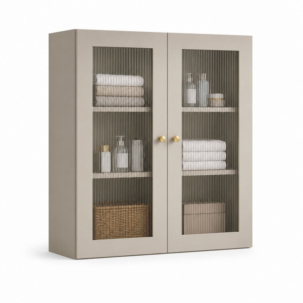 Armadio contenitore a 2 ante tortora in MDF e vetro rigato 100 x 40 x 180 cm