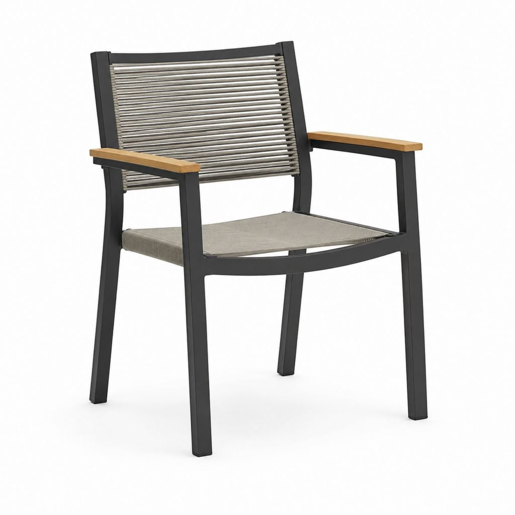 Sedia da giardino con braccioli nera e grigia in alluminio e corda PP 57 x 61 x 86 cm