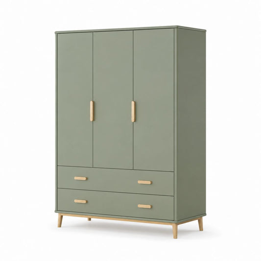 Armadio guardaroba 3 ante 2 cassetti verde salvia in MDF 120 x 55 x 190 cm